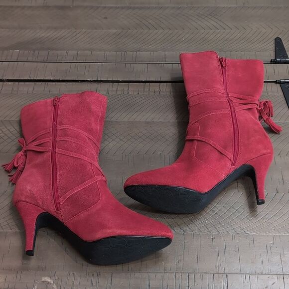 Hot In Hollywood Red Suede Heeled Boots Sz 11 - Picture 6 of 13